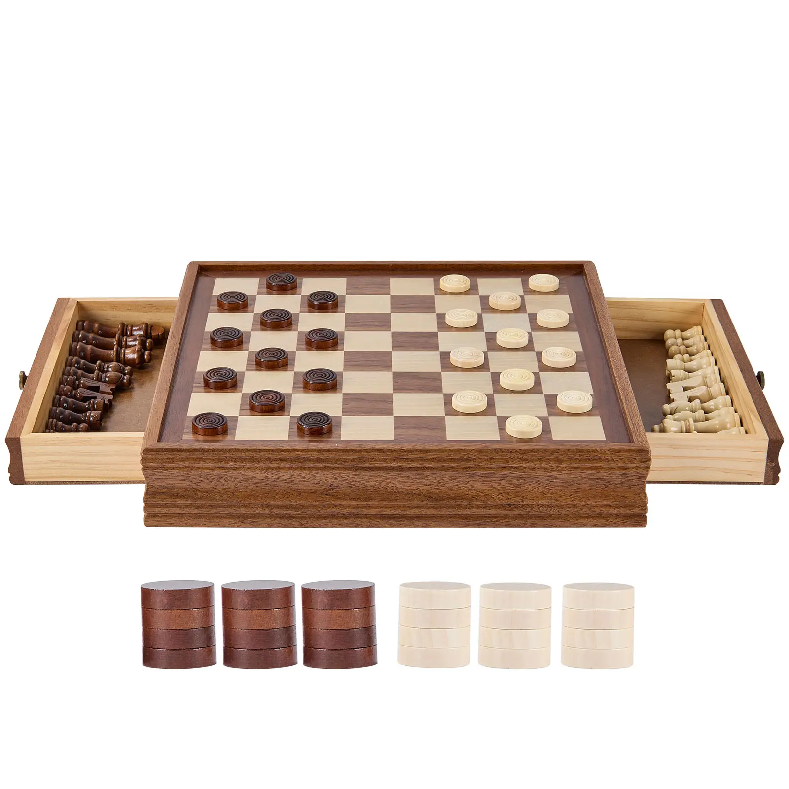 Solid Wood Chess Set, 15 inch 2-IN-1 Chess Checkers Game Set, Chess Board Games with Storage Drawer & Weighted Chess Checkers Pieces & 2 Queens, for Adults Kids Tournament Professional Beginner