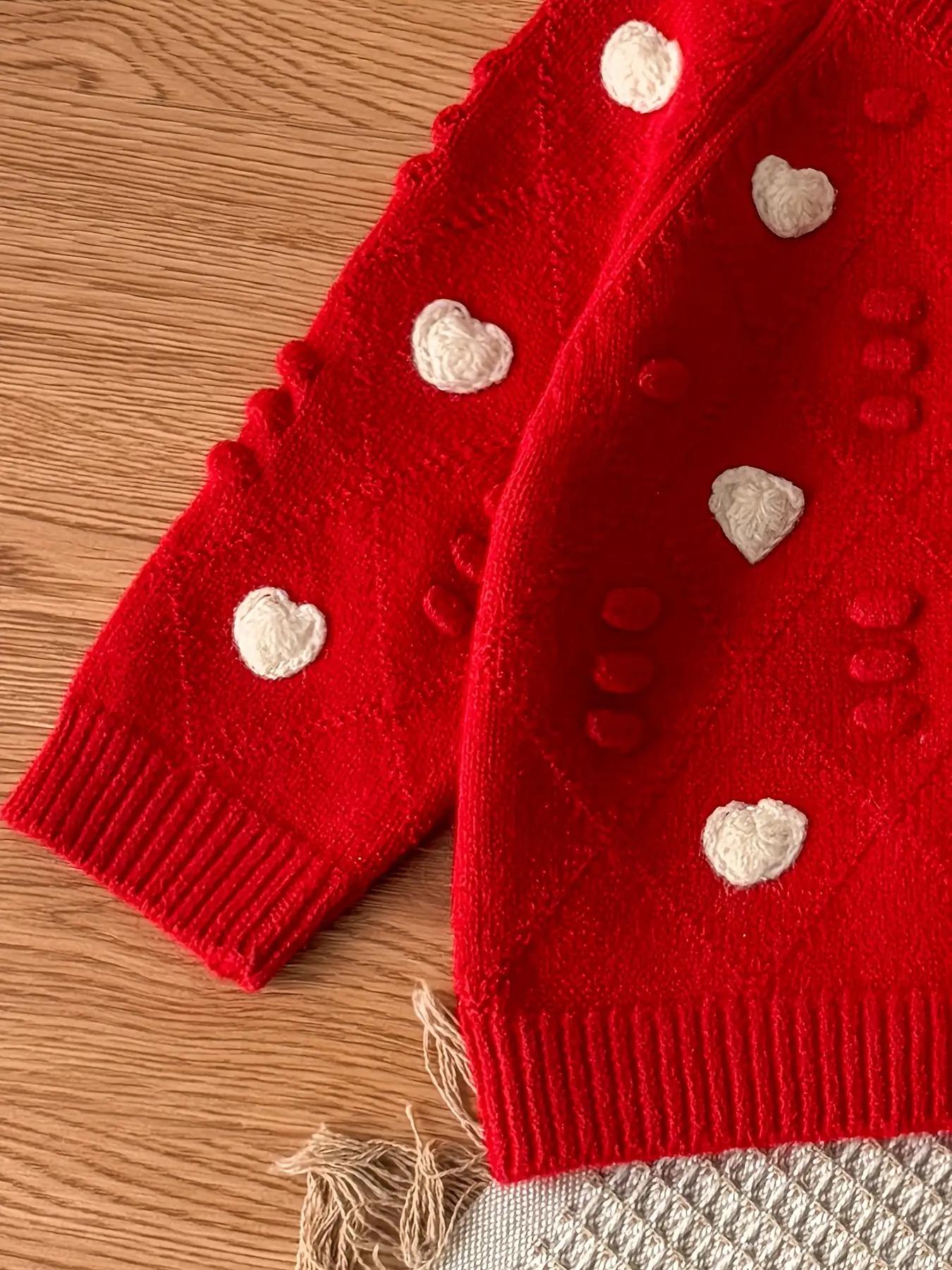 Girls' Red Knit Cardigan with Heart Pattern - Long Sleeve, Button-Up, Round Neck, Stretchy Fabric, Perfect for Fall/Winter, Halloween & Casual Wear, Halloween Cardigan |           Playful Design |           Knit Construction, Halloween Clothes, Girl Cardi