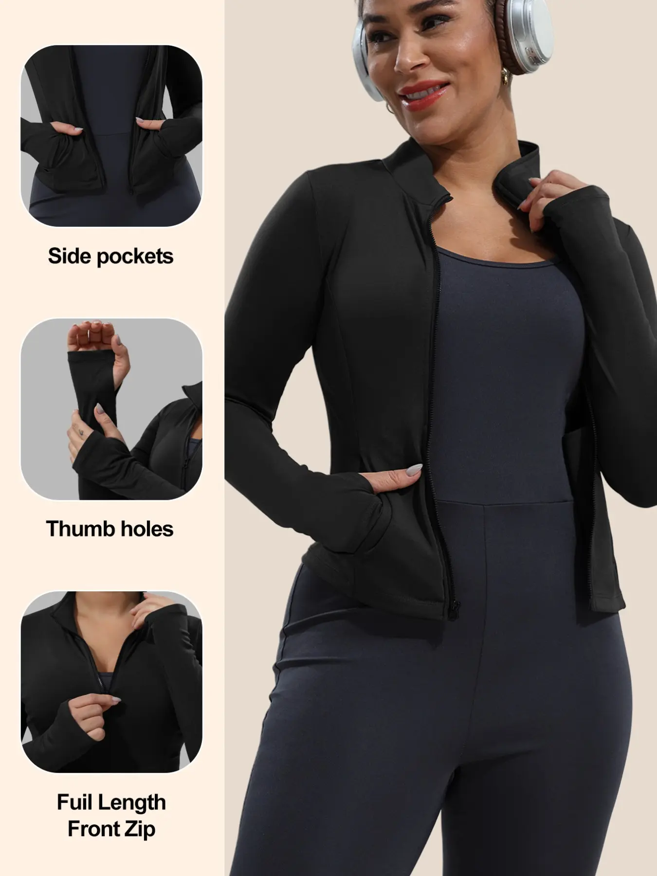 Plus Size Women's Ultra-Soft Four-Way Stretch Zipper Stand Collar Yoga Jacket, Workout Jacket, Thumb Loop, Secure Side Pockets, Curved Shape Short Sports Jacket, Thumbhole Jacket