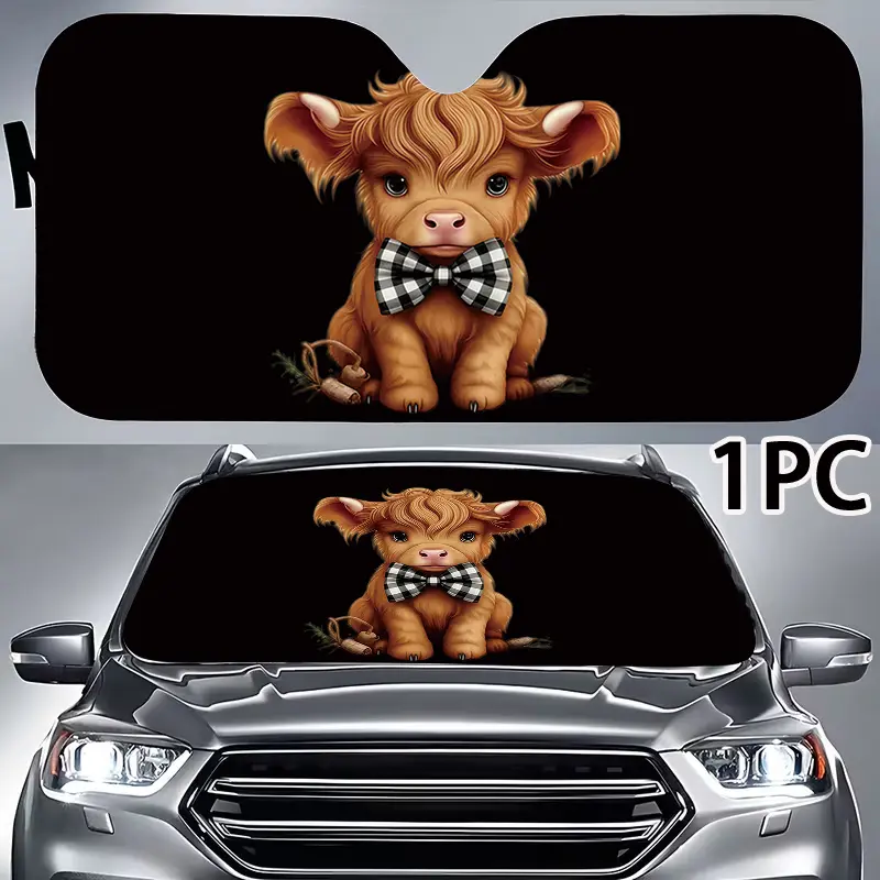 1pc Cute Fluffy Highland Cow, Black White Plaid Bow Tie, Pattern Car Sun Visor And Front Windshield, Easy to Install, Foldable, Sun Protection in The Car, Car Sunshade, Suitable for All Models, Gift for Car Lovers, 4.21CHY-21