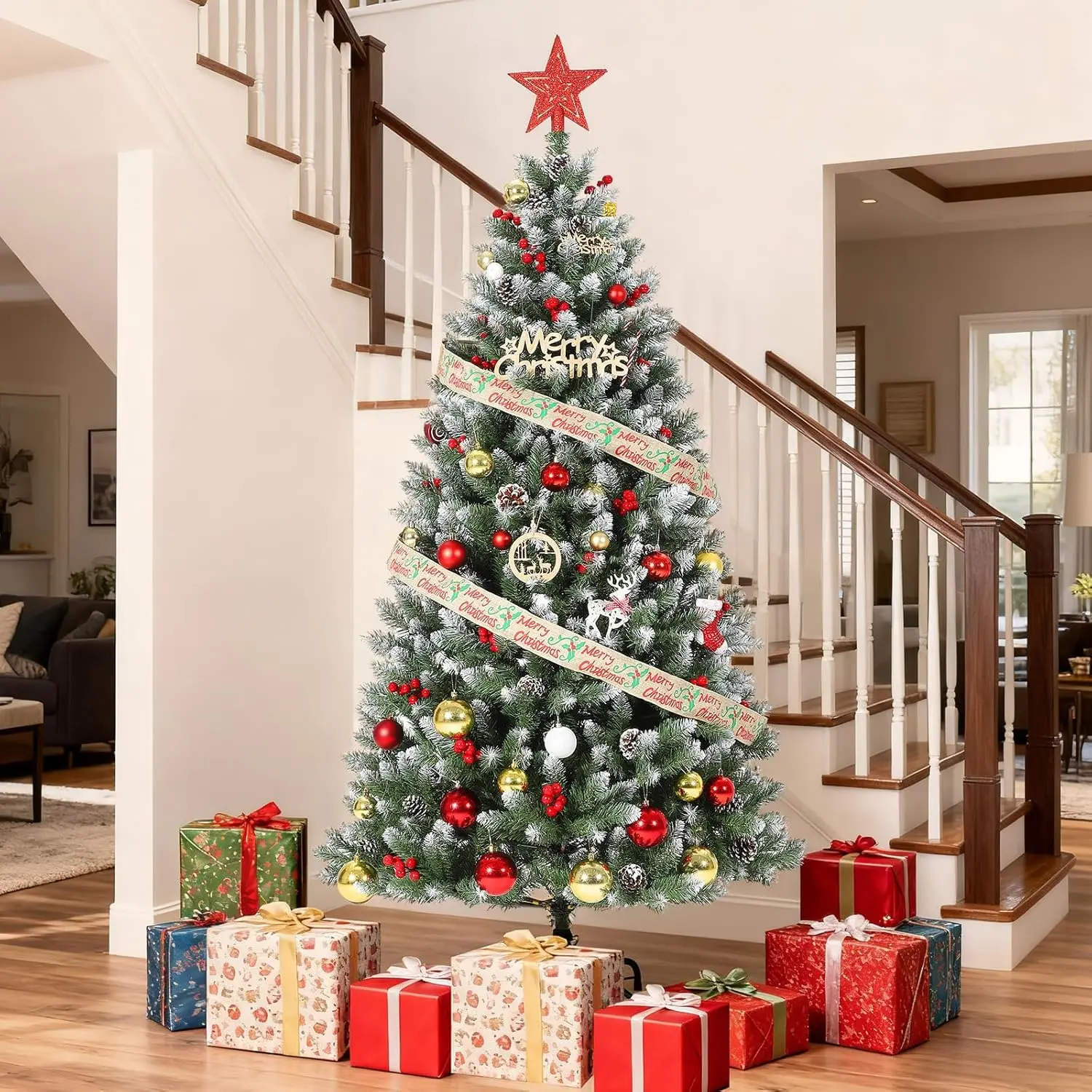 Garvee 6ft Snow-Flocked Pre-Lit Artificial Christmas Tree - 350 Lights, 876 Suggestions - Includes Stand - Green/White Indoor & Outdoor Holiday Home Decor