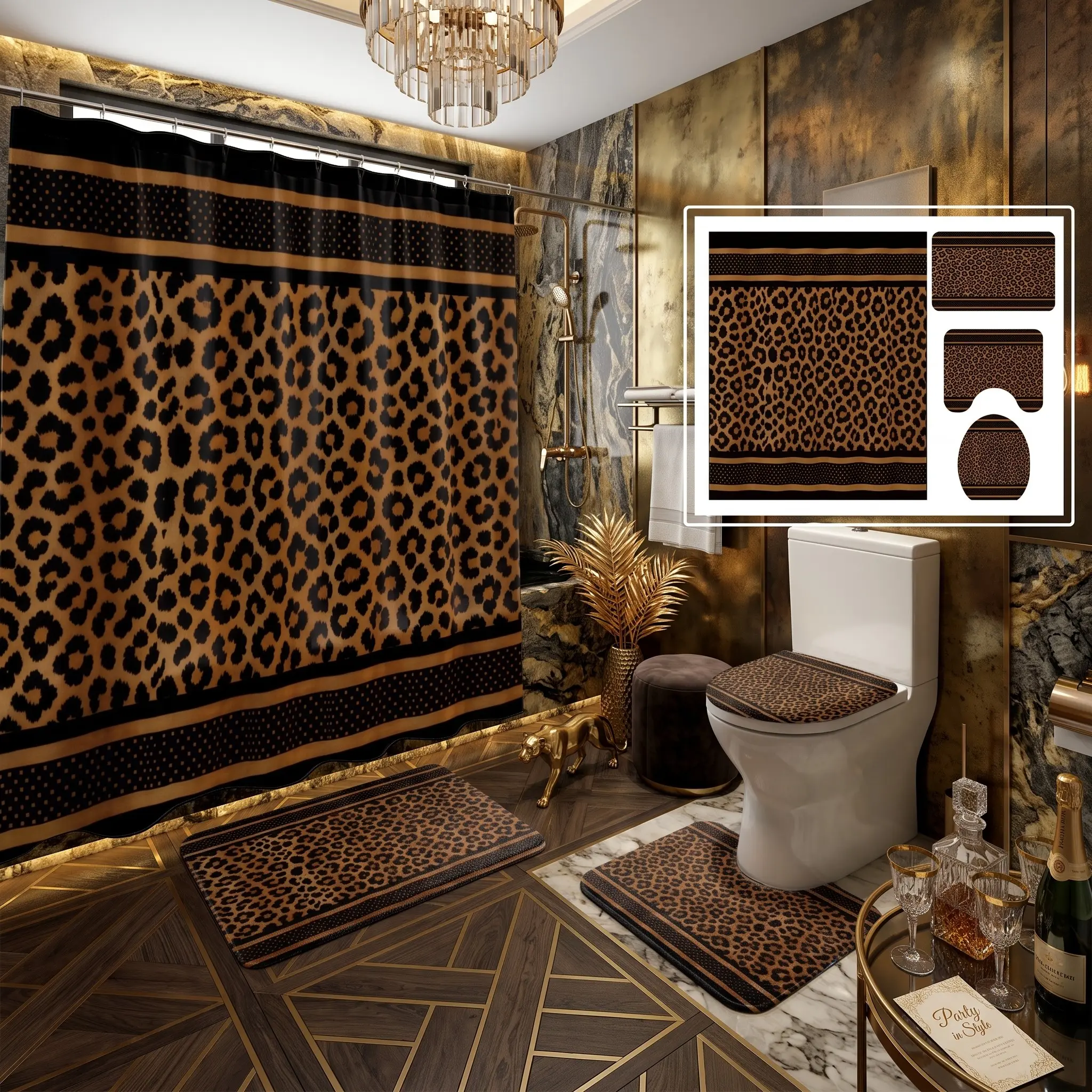 4pcs Luxury Leopard Print Shower Curtain Set, 4 Pcs Bathroom Decor with Rugs, The floor mat fabric is thicker and softer! Toilet Lid Cover, Bath Mat, Casual Style, Fall Thanksgiving Accessories