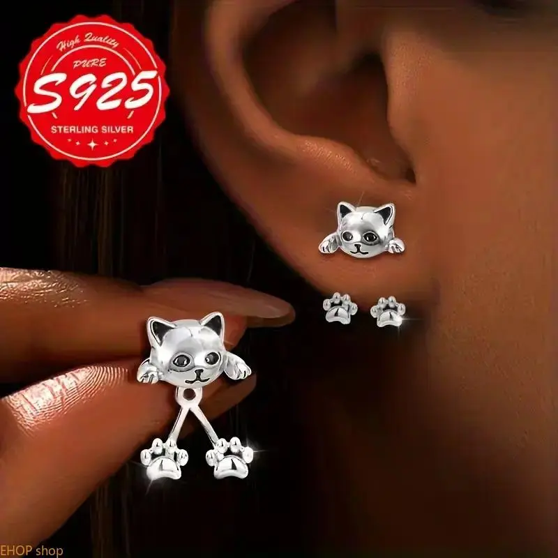 A pair of S925 pure silver lady cat paw pendant earrings, fashionable and creative, cute and adorable pet-themed, suitable for daily commuting and parties, the best gift for ladies, hypoallergenic, daily wear earrings, festival gifts, Hypoallergenic Earri