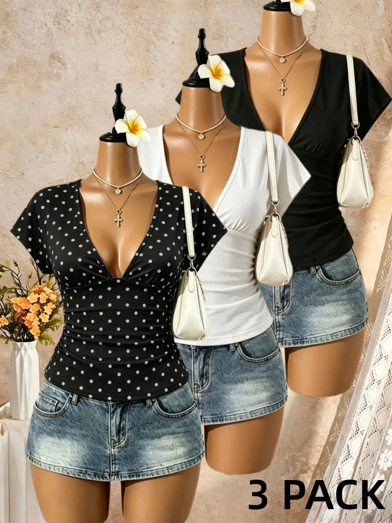 3 Piece Set Low Neck Ruched Short Sleeve Tops, American Style Solid Polka Dot Tight Fit, Versatile Sexy V-Neck Short Sleeves