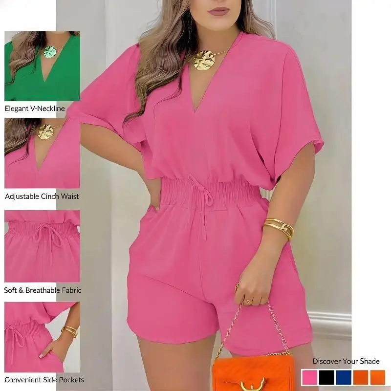 Women's Casual Solid Rompers, Short Sleeve Polyester Fabric Jumpsuit with a High Drawstring Waist and Pockets, Summer Women's Clothes