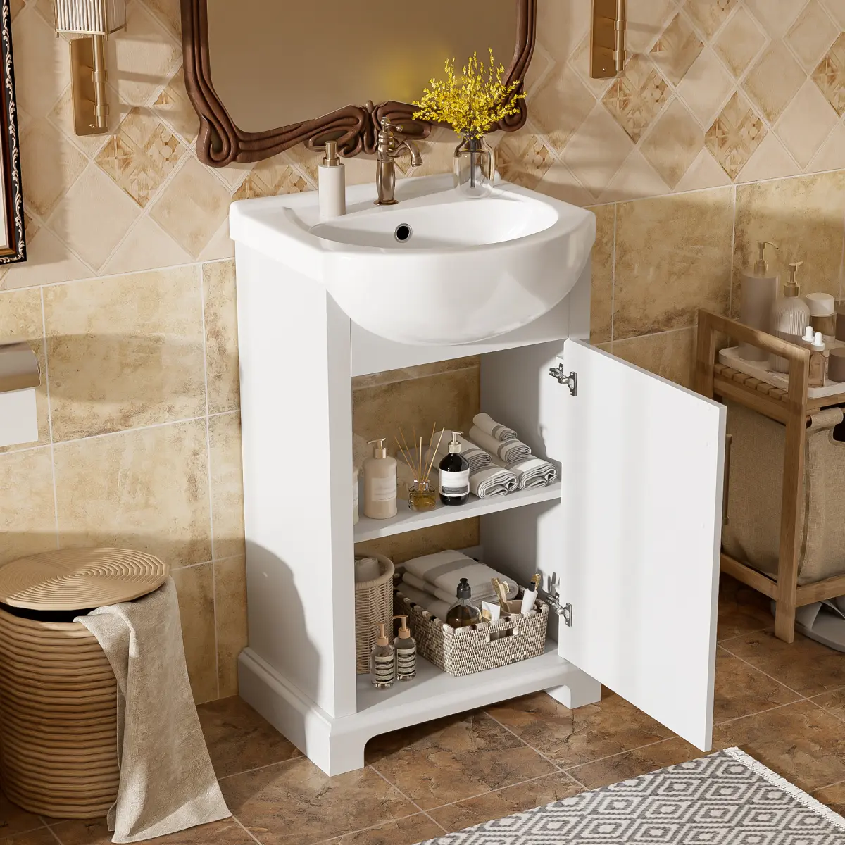 20'' Bathroom Vanity with Ceramic Sink, Freestanding Vanity Cabinet with Ceramic Basin & Soft-Close Door, French Style Vanity for Small Space, White