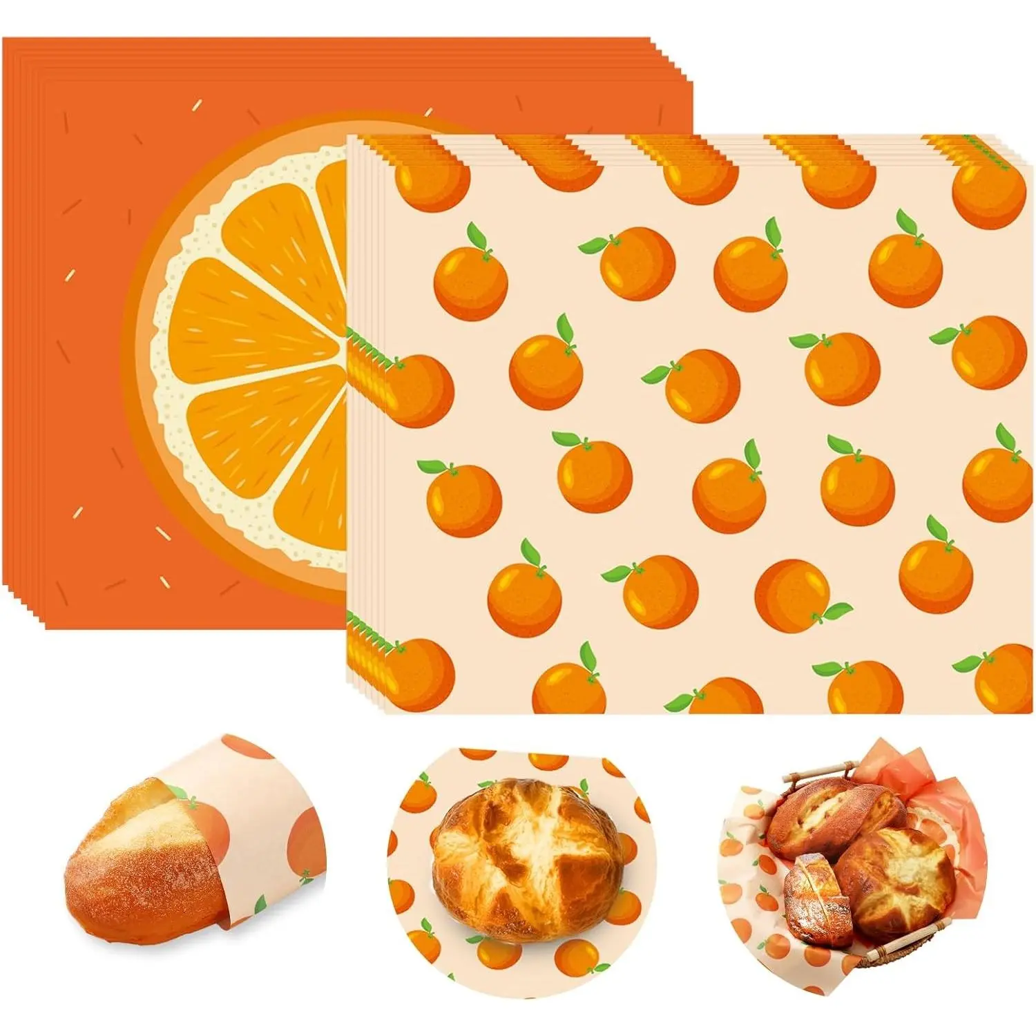 100 Pcs Orange Wax Paper Little Cutie Fruit Deli Wax Paper Sheets Waterproof Oil-Proof Basket Liners for Food Sandwich Picnic Kitchen Summer Holiday Birthday Baby Shower Party Supplies