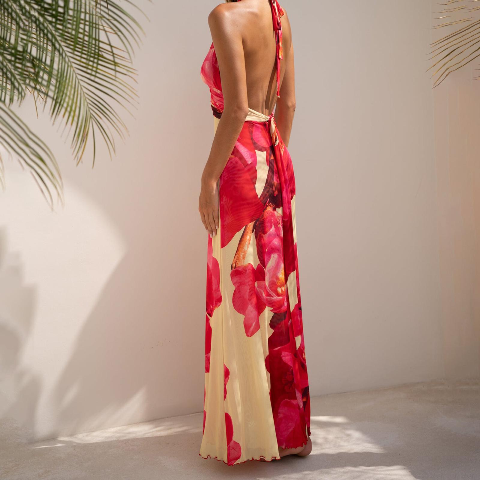 Women Long Dress, Sleeveless Halter Dress Backless Flower/Dots Print Summer Cocktail Dress Casual Light sundress Cotton Candy Outfit Beach Outfits #TiktokShopBacktoSchool
