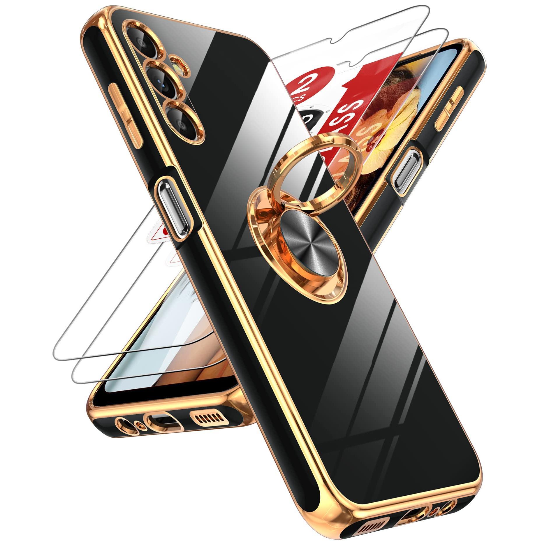 For Galaxy A14-5g Phone Case: 2 Pack Tempered Glass Screen Protector And 360° Rotatable Ring Magnetic Kickstand  Rose Edge Cell Android Basic Funda Para A 14 5g Cover Black