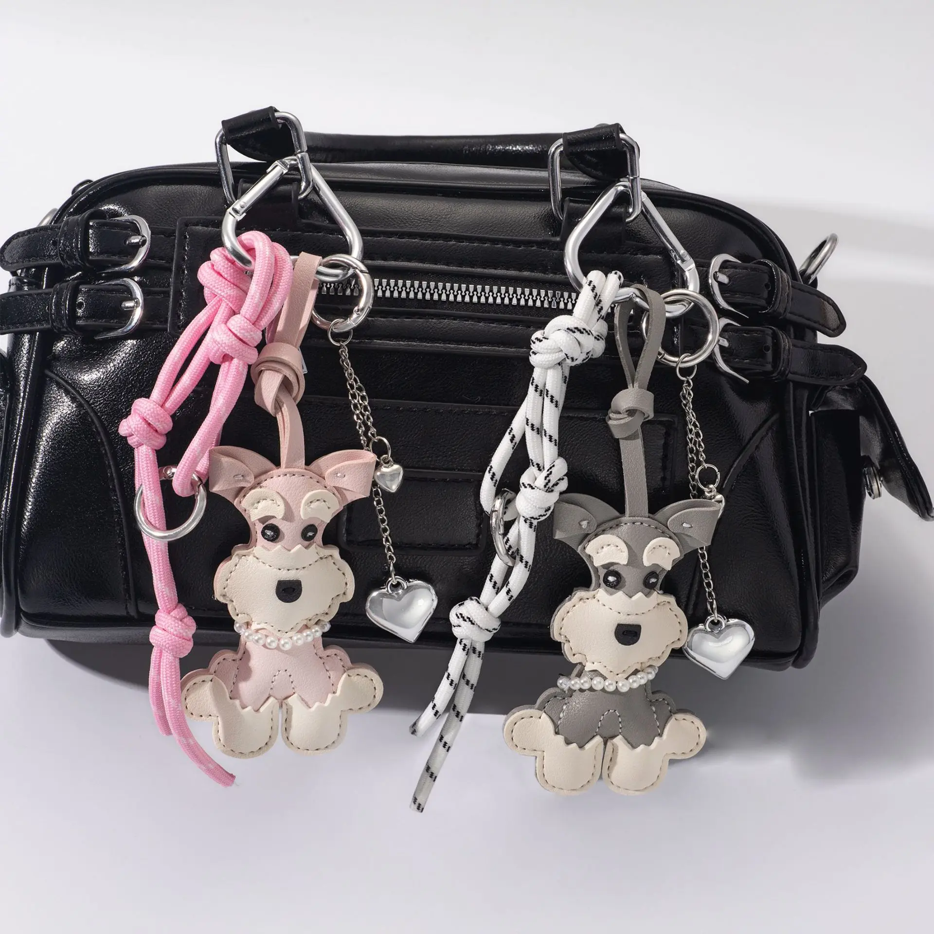 Schnauzer Puppy Charm Keychain for Bags, Synthetic Leather Pendant with Woven Lanyard, Pet Lover Personalized DIY Bag Accessory Gift, Charm Pendant, Puppy Shape