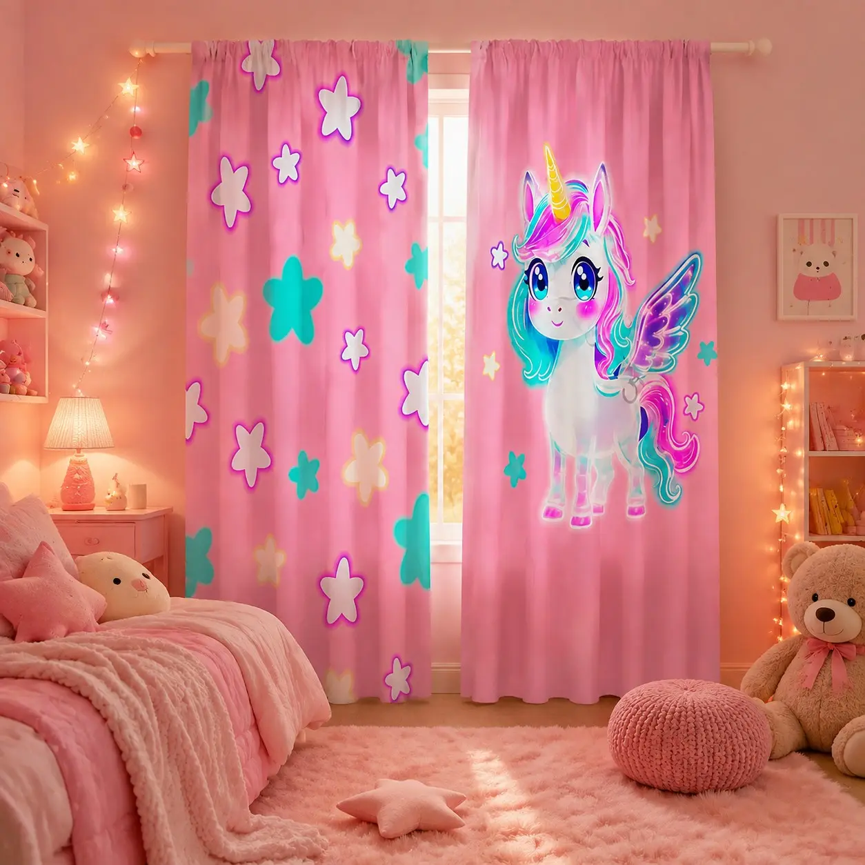 2-Pack Unicorn Star Print Fabric Curtains, Cute Cartoon Style, Soft Material for Girls' Bedroom, Princess Theme Kids Room Decor