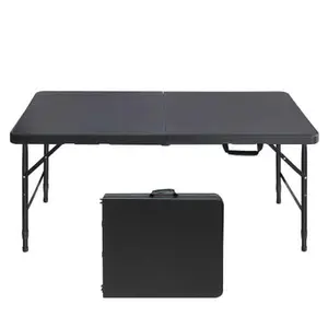 Adjustable Height Foldable 4FT Outdoor Table, Sturdy Steel Framed Half-Fold Table with Handle, Waterproof Top Suitable for Backyard BBQ and Outdoor Activities