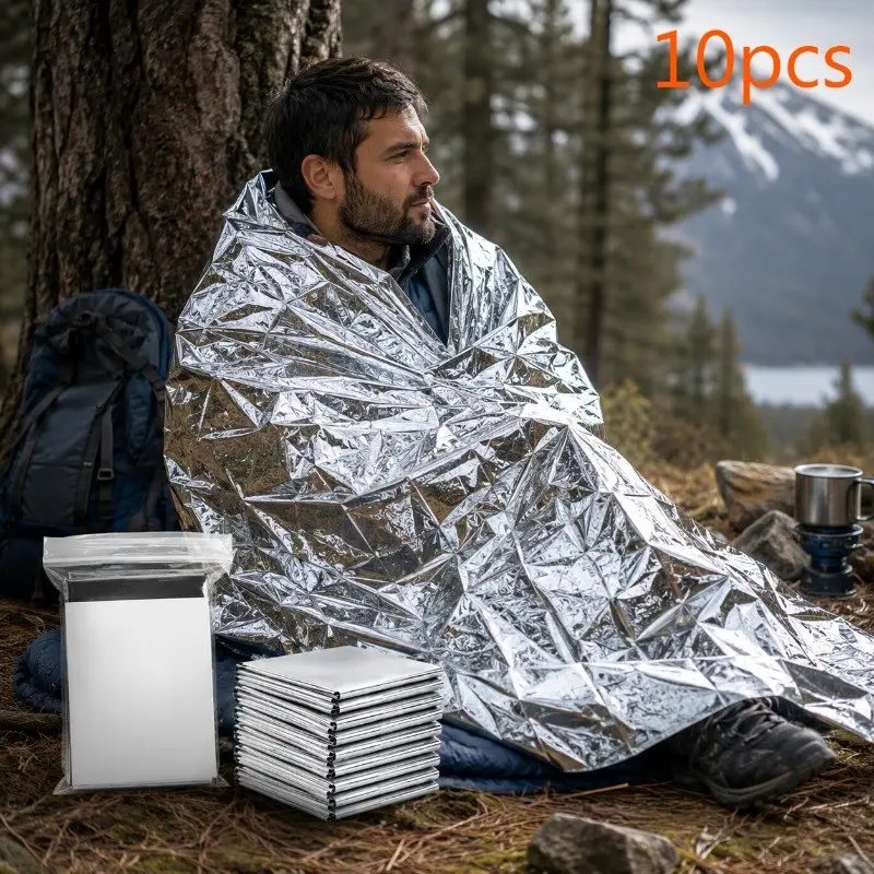 10 Pcs Emergency Thermal Blankets – Lightweight waterproof survival blankets, individually packed. Ideal for camping, hiking, first aid and homeless relief, compact heat-reflective design for outdoor emergencies and multi-purpose use.