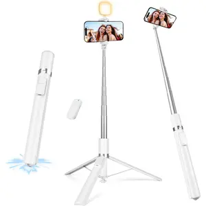 68" Phone Tripod, Selfie Stick Tripod with Remote and Fill Light, [Tap-to-Open] iPhone Tripod Stand, Lightweight Cell Phone Stand Video Recording, Travel, Vlogging, White