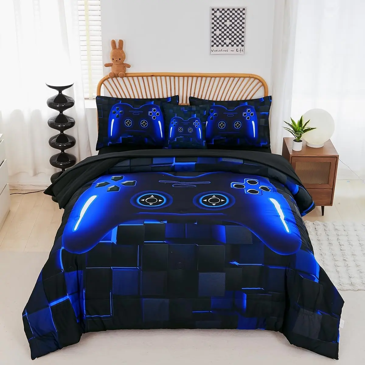 6 Pieces Kids Game Comforter Set Full Size Blue Gamer Bedding Set for Boys Teen 3D Cool Black Video Gaming Bed in A Bag with Sheets(Blue, Full)