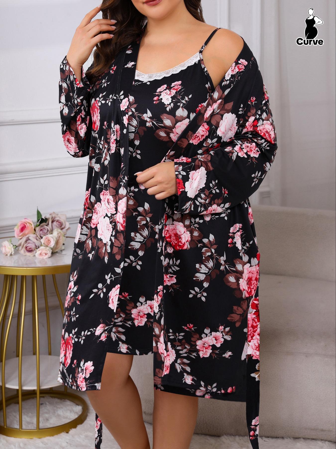 【Plus Size】 Floral Print Lace Trim Cami Nightdress & Open Front Long Sleeve Robe Two-piece Set, Casual Comfy Pyjama Set for Women, Women's Sleepwear for Spring & Fall