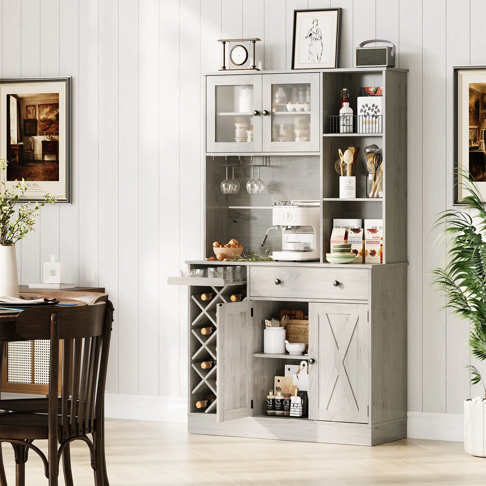 Rectangular Tall Kitchen Pantry Storage Cabinet, Modern Sideboard Buffet with Built-In Power Outlet, Charging Station, Sliding Barn Doors & Wine Rack, Multi-Functional Furniture for Kitchen & Home Bar