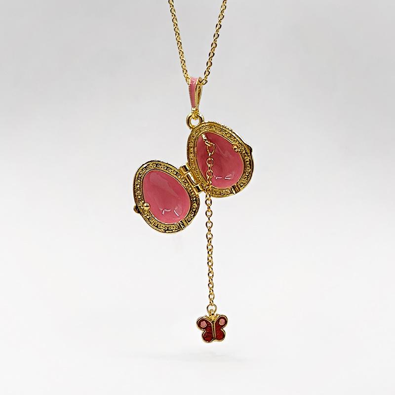 Surprise Butterfly Locket Necklace, Pink Enamel Cherry Egg Pendant, Openable Jewelry with Secret Charm, Gold Tone Cottagecore Aesthetic, Unique Gift for Her
