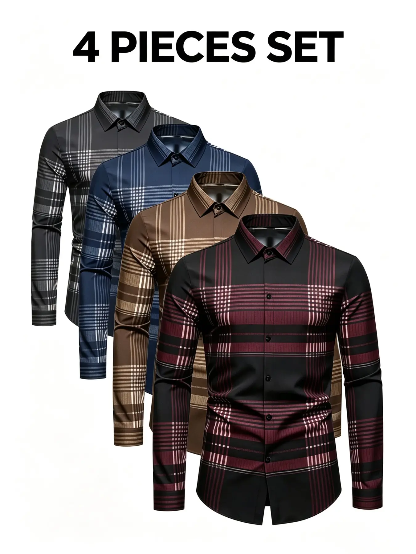 4-Pack Men's Casual Long Sleeve Shirt, Striped Plaid Print, Slim Fit, Full Placket Design, All-Season Wear, Comfortable & Stylish