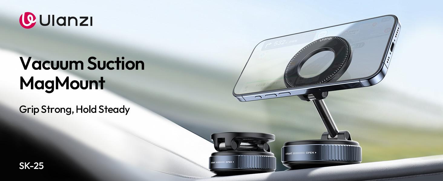 ULANZI SK-25 Car Phone Holder for Magsafe, Vacuum Suction Cup Magnetic Phone Mount, 360° Adjustable Phone MagMount for Car/Ceramic Tile/Gym/Mirror, Load up to 1kg, Magnetic Force ≥14N（Black）