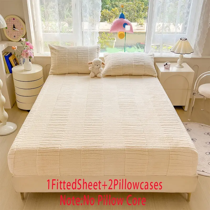3-Piece Bed Set (1 Bed Skirt + 2 Pillowcases), Water Ripple Jacquard Milk Velvet, Thickened Warm Mattress Protector, Full Coverage Elastic Bedskirt, Bed Sets Supplies