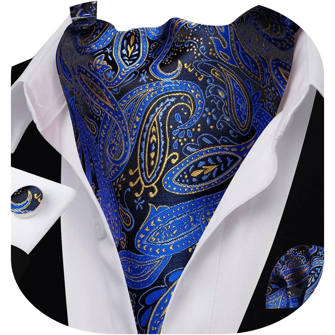 Men Ascot Cravat Tie with Pocket Square Cufflinks Tie Set Paisley Jacquard Silk Woven Floral Necktie
