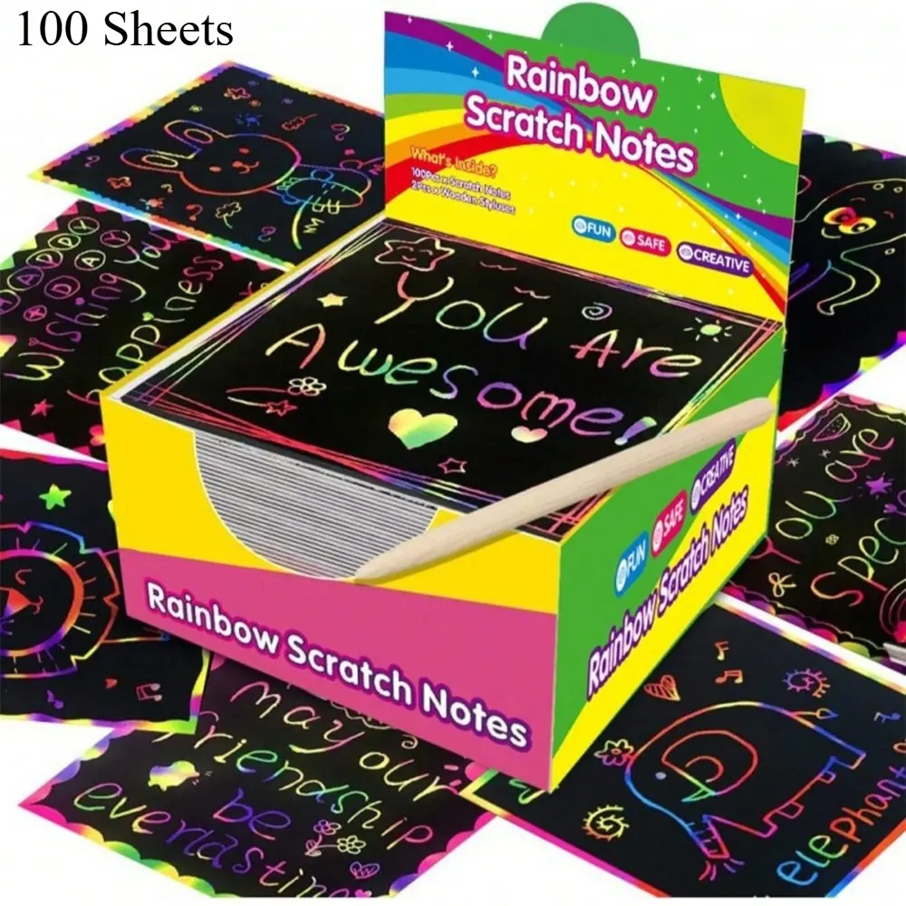 100 Sheets Rainbow Scratch Art Paper Set, DIY Black Scratch Notes, Creative Gift for Party & Birthday