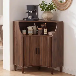 wanan Wood Fluted Corner Cabinet with Built-in Outlets, Triangle Storage Cabinet with 2 Sliding Doors & Open Shelf, Space-Saving Corner Storage Cabinet for Living Room and Dining Room