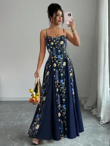 Elegant Navy Floral Summer Long Dress, Sleeveless Tea Party Beach Vacation Dress, Solid Patchwork, Casual Date Evening Gown