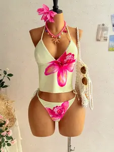 Tropical Floral Print 2-Piece Swimsuit, Halter Tie Design, Chic Beachwear for Vacation, Eye-Catching Style, Perfect for Photoshoots, Flower Print Bikini