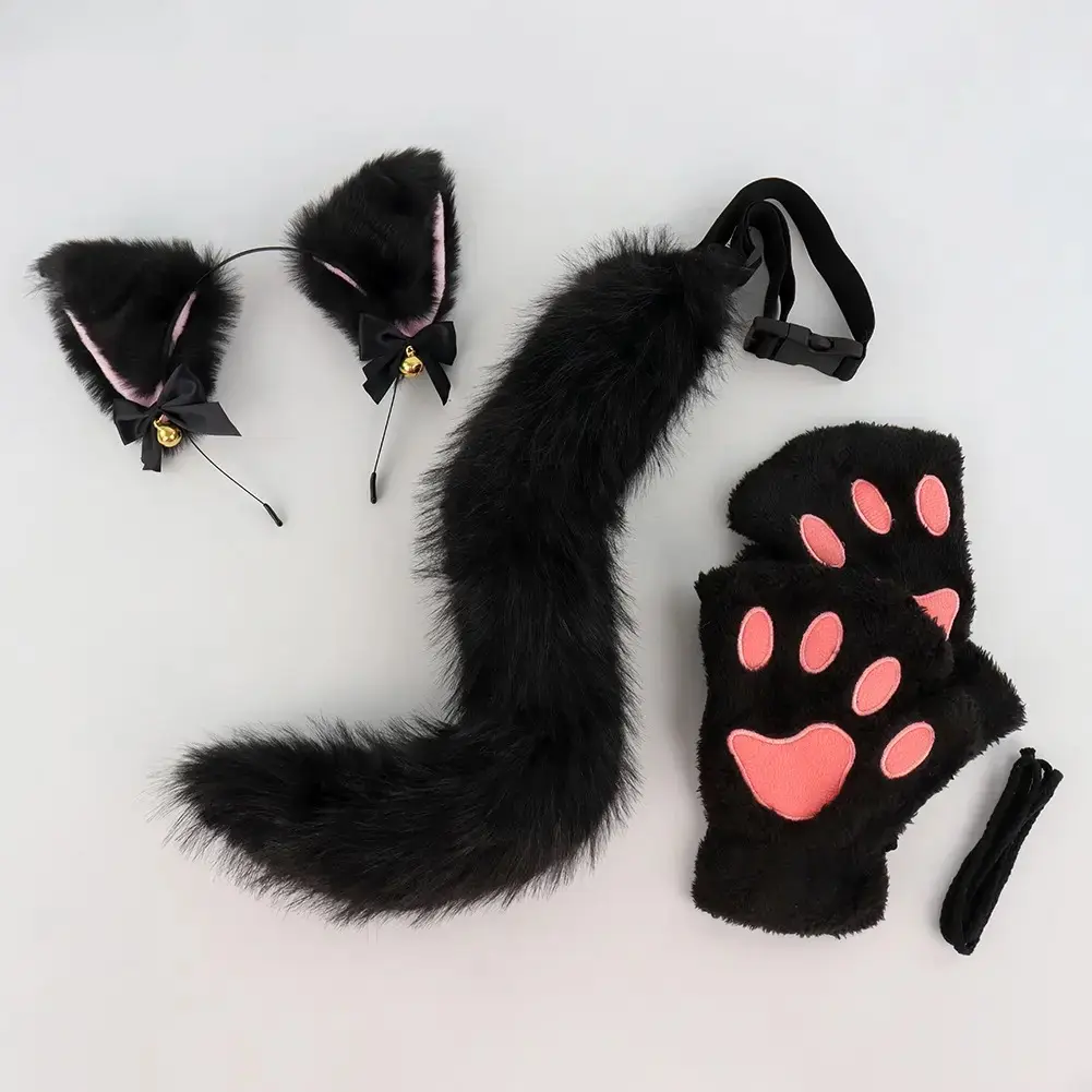 Black Cat Costume Accessories for Women, 3PCS Fluffy Cat Ear Headband Gloves & Tail Set, Cute Furry Cosplay Outfit for Halloween Party, Costume Events, Dress Up, Photo Props & Festival Fun sohochic