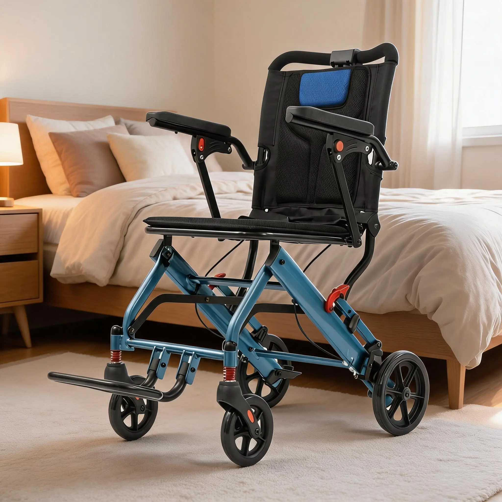 Lightweight Portable Wheelchair Aviation Aluminum Wide Seat with 10 Inch Wheels and Shock Absorption Manual Mobility Chair for Seniors Travel