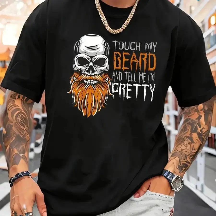 [Skull Print T-shirt] Men's Bold Orange and White Skull Pattern T-shirt - Soft Round Neck Short Sleeve Casual Streetwear - Comfgood graphic tees