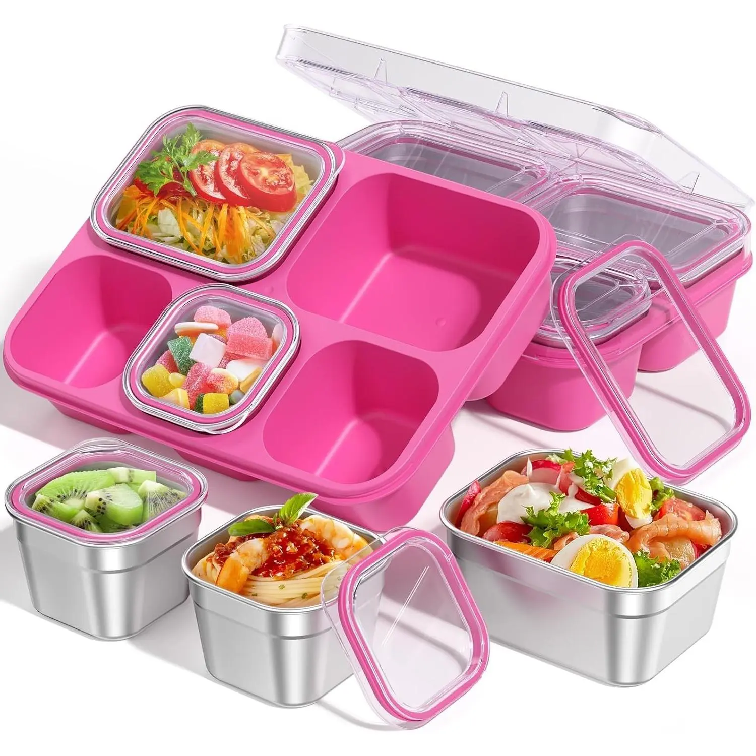 Stainless Steel 5-Compartment Divided Serving Tray with Lid, Removable Leakproof Portable Bento Snack Box for Fruit, Candy, Nuts - School, Picnic, Travel (Pink)Gift