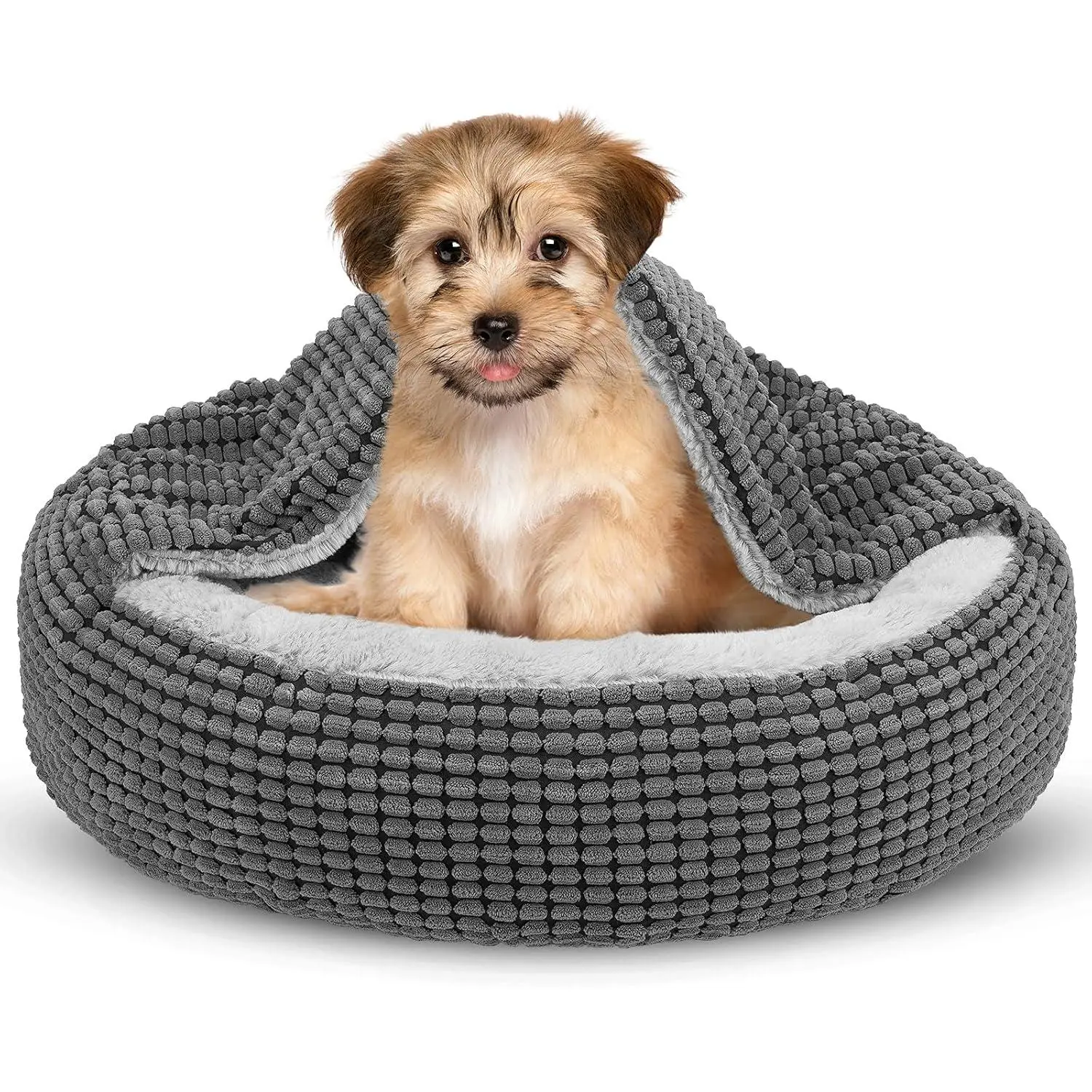 Small  Bed with Attached Blanket, Cozy Donut Cuddler  Hooded  Beds Calming Cave Bed.  Round Puppy Beds for Dogs or Cats Washable, Anti-Slip Bottom, 23inch