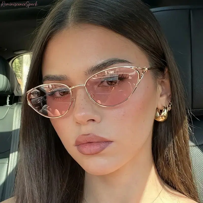 Viral Women’s Small Cat Eye Metal Sunglasses, Retro Slim Y2K Spice Girl Aesthetic Sunnies, Lightweight UV400 Protective Frames. Portable Fashion Statement Accessory for Daily Travel, Night Parties, Street Outfits & On-the-Go Styling
