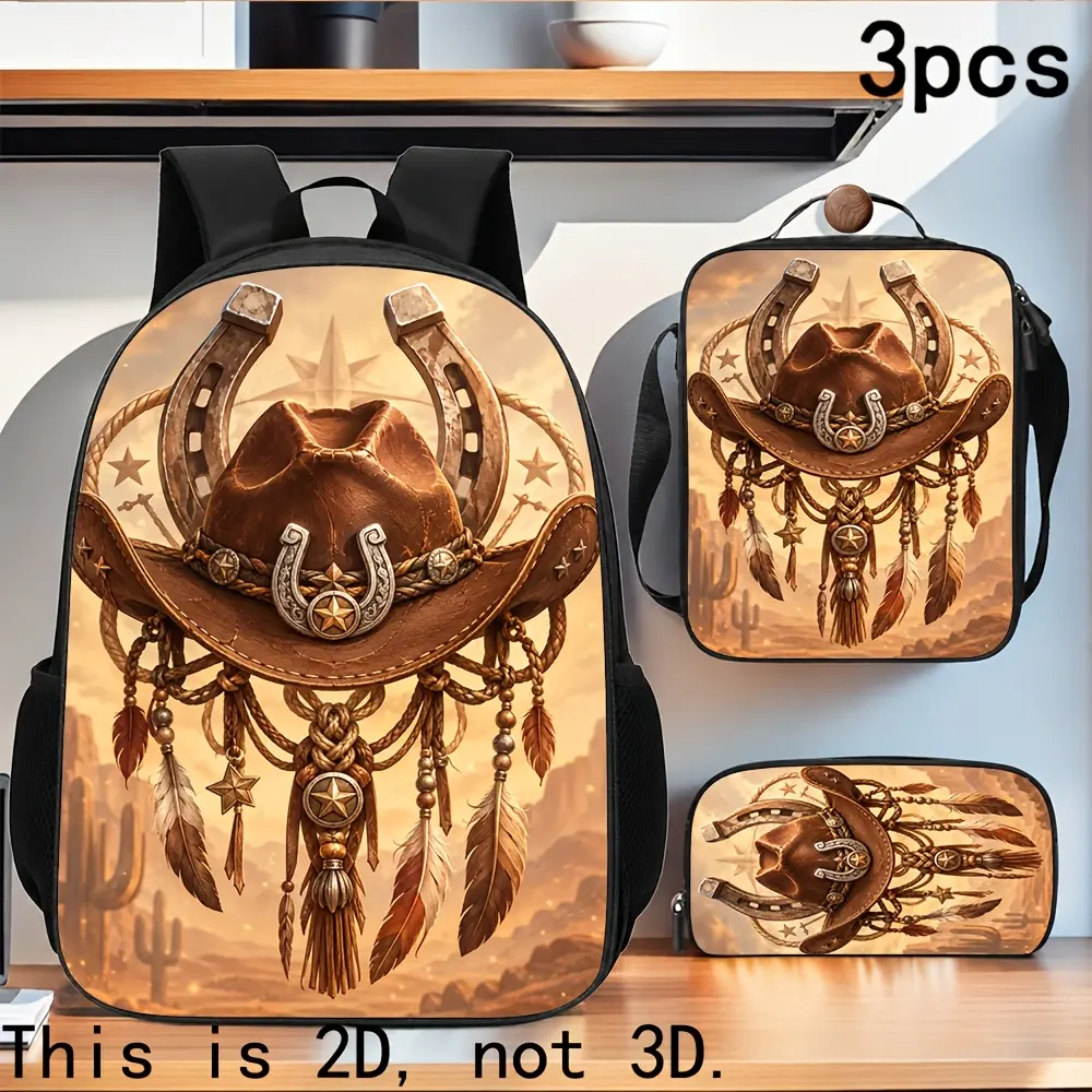 3pcs Western Cowboy Theme Casual Backpack - High-Capacity Oxford Lightweight Daypack with Laptop Compartment, Zipper Closure, Adjustable Straps, Machine Washable, Ideal for College, Travel, Gift for Teens/Young Adults