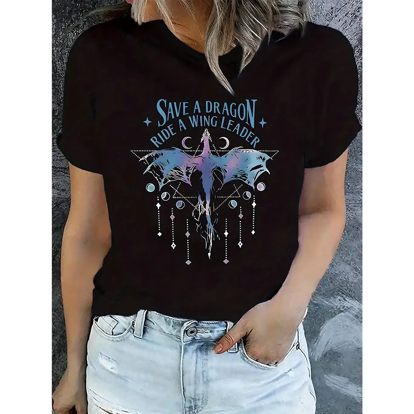 Fantasy Dragon Moon Geometric Graphic Cotton T-Shirt, Save A Dragon Ride A Wing Leader Quote Crew Neck Short Sleeve Tee, Unisex Casual Mystical Streetwear Top For Men Women