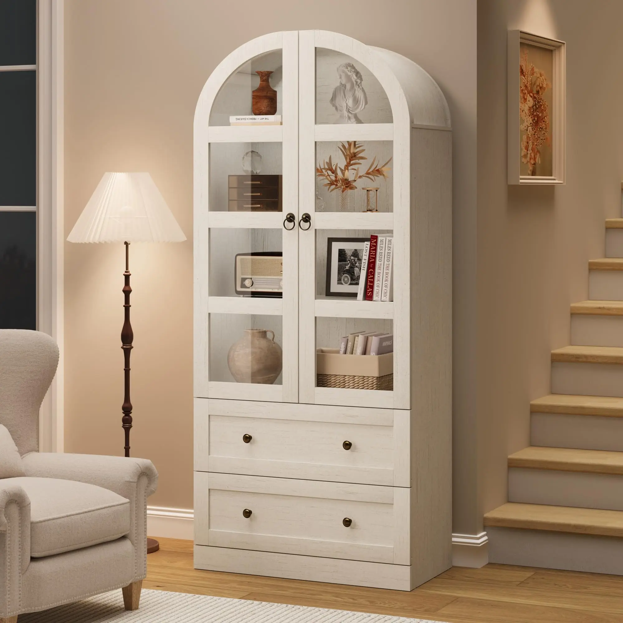 Garvee 72" Arched Kitchen Pantry Cabinet, Wooden Freestanding Storage Cupboard with Doors, Drawers & Adjustable Shelves, Versatile Farmhouse Pantry for Dining and Living Room, White