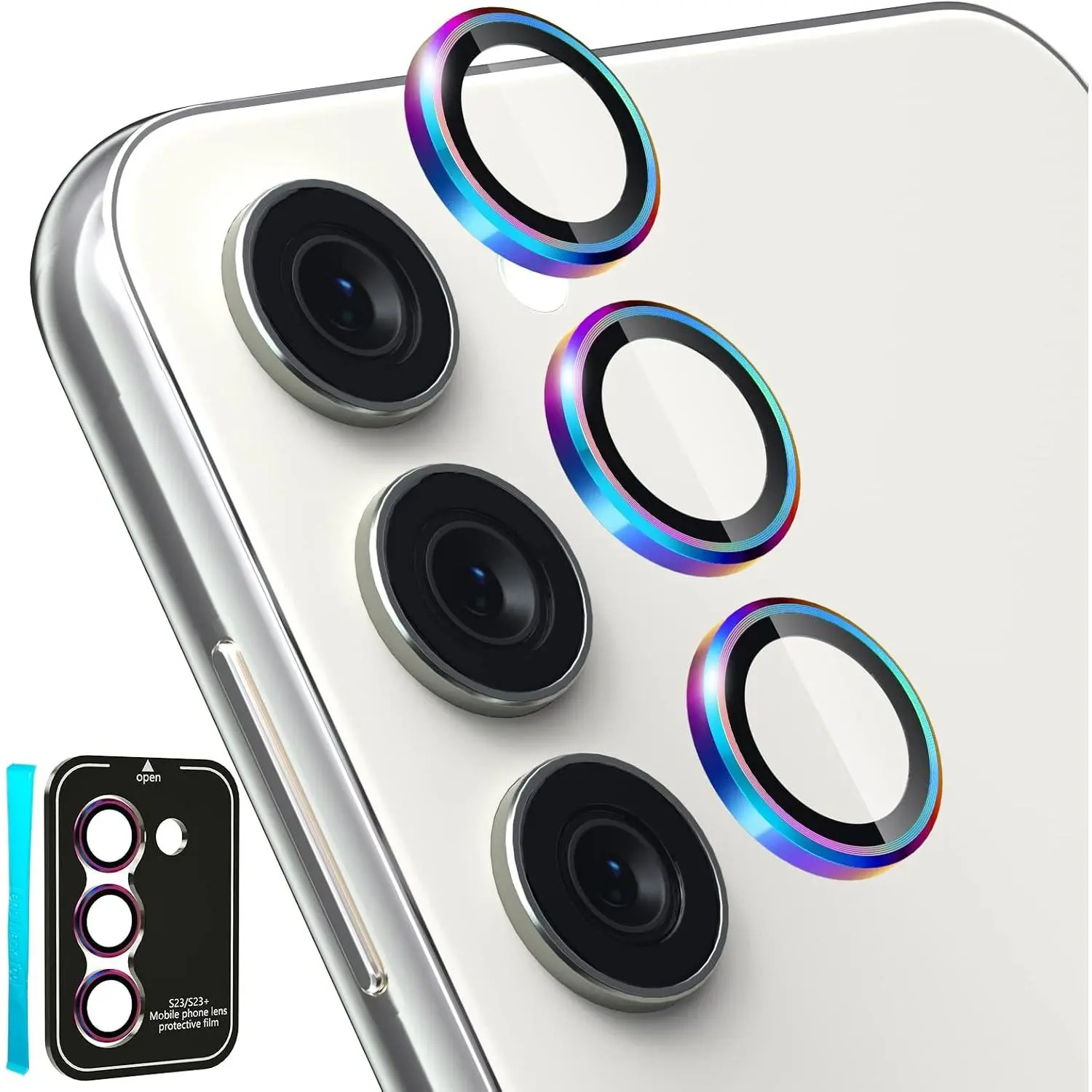 [3 Pcs for Galaxy S24 / S23 Plus Camera Lens Protector, 9H Tempered Glass +  Alloy Metal Individual Lens Screen Protective Ring for S24 / S23+ 5G 2023, Colorful