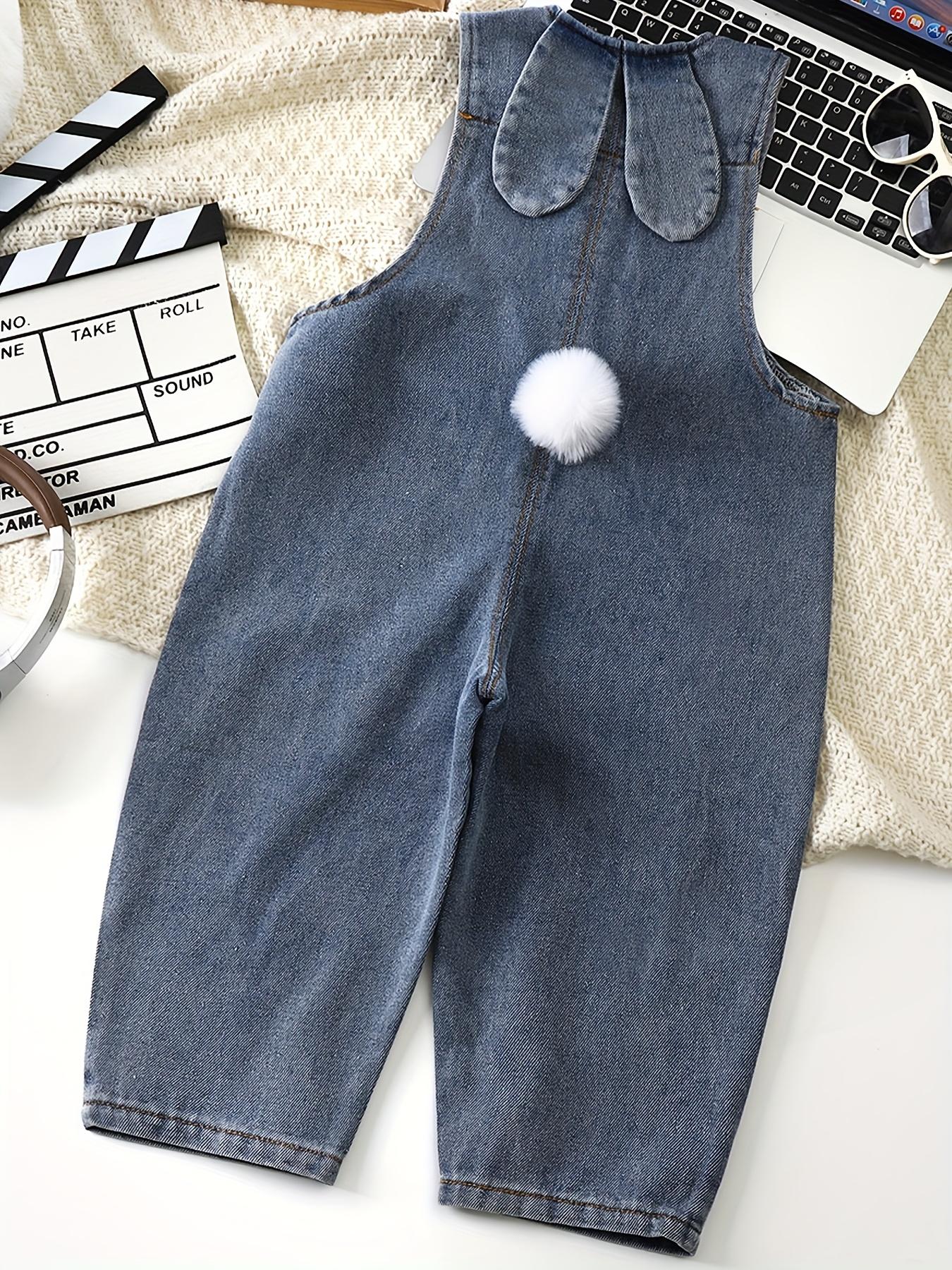 Adorable Youth Light Blue Denim Overalls with Bunny Ear Detail - Casual Loose Fit, Suitable for Spring and Autumn, Machine Washable, Perfect for Outdoor Activities