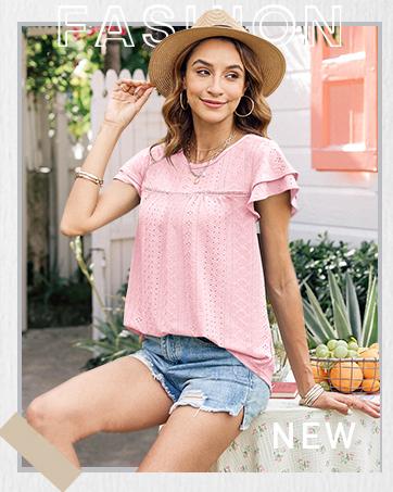 Women's Summer Tops Crewneck Eyelet Ruffle Short Sleeve Blouses Casual Babydoll Shirts 2025 S-2XL Lightweight Soft Knitted Fabric Trendy Babydoll Style