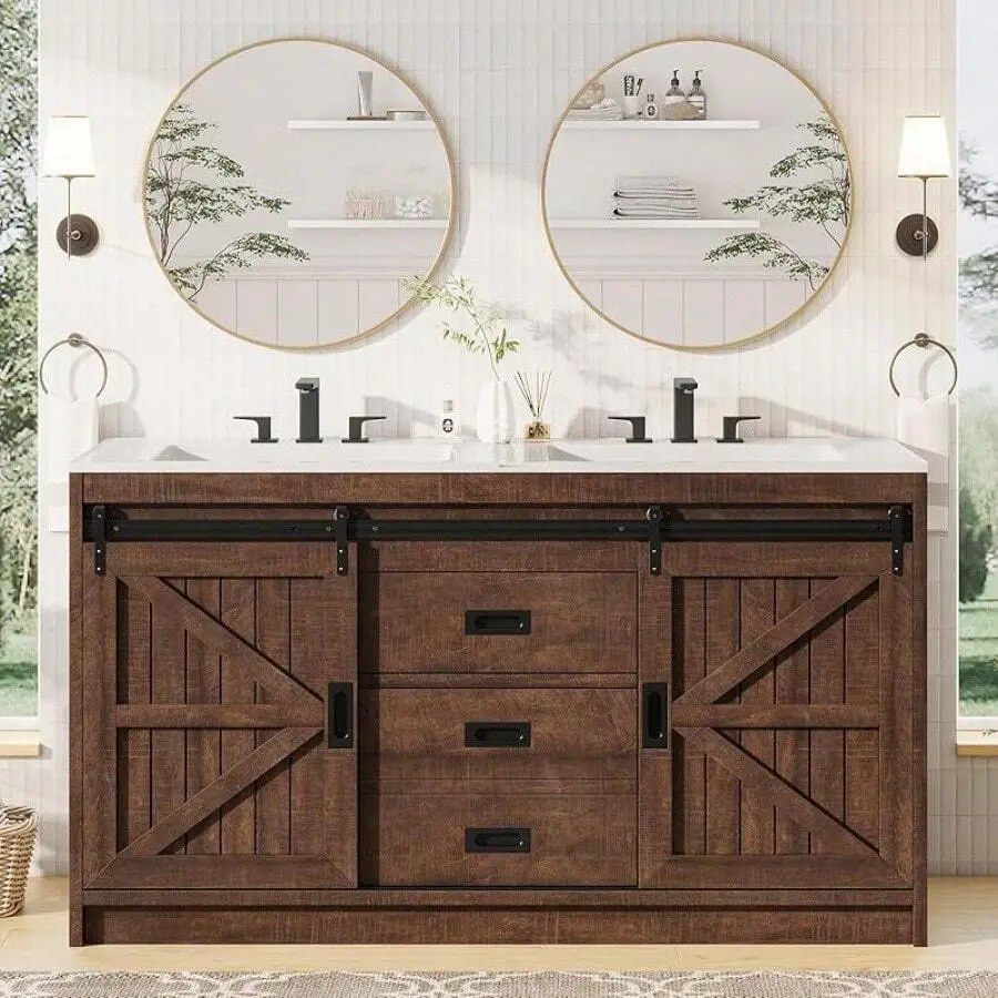 Farmhouse Barn Door Double Sink Vanity With Sink Combo, Rustic Freestanding Bathroom Vanity Cabinet With Drawers And Metal Handles