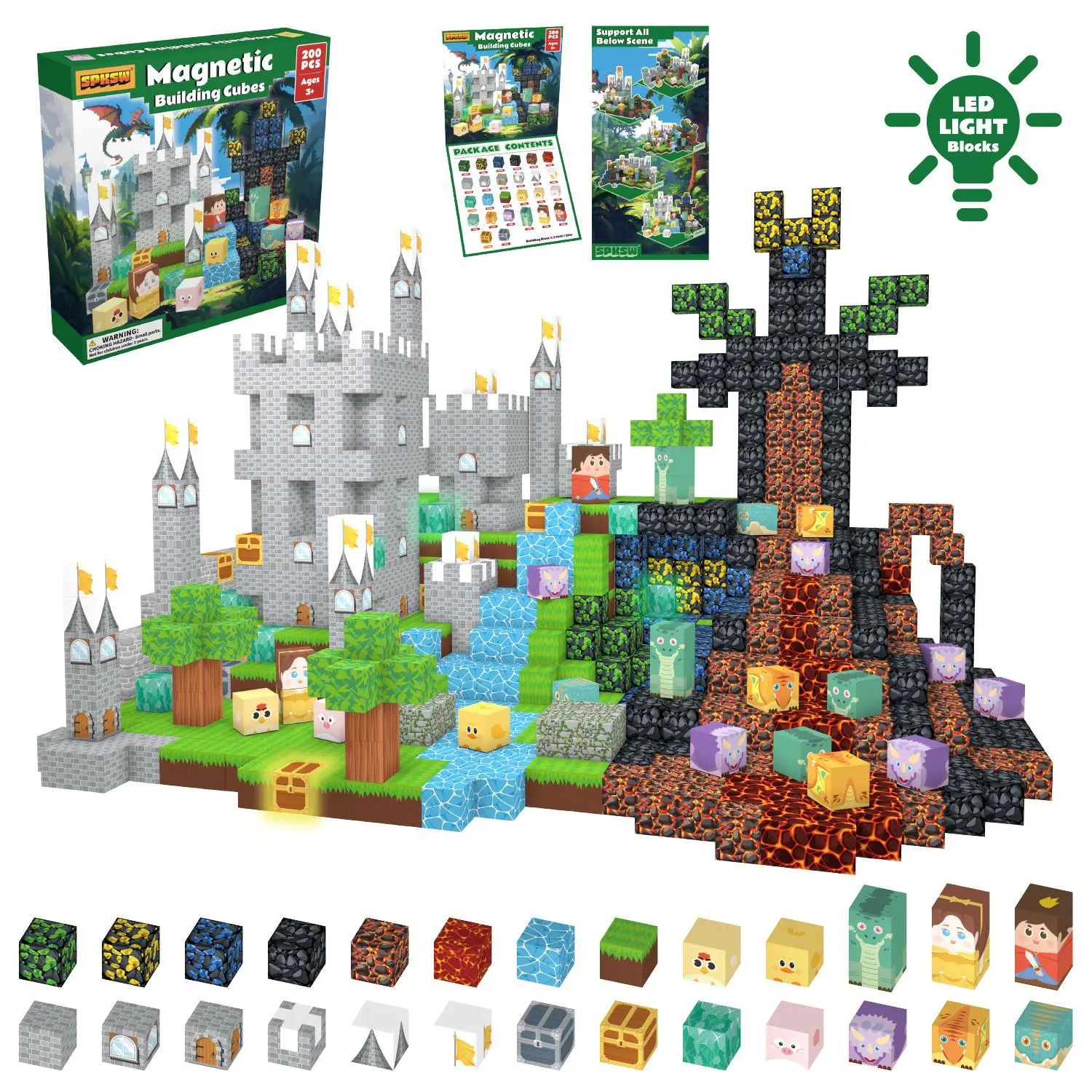 Dinosaur Minecraft style Building Blocks, 100PCS 200PCS Create,Magnetic Square Puzzle Assembling Educational Toy for Kids,Outdoorfun