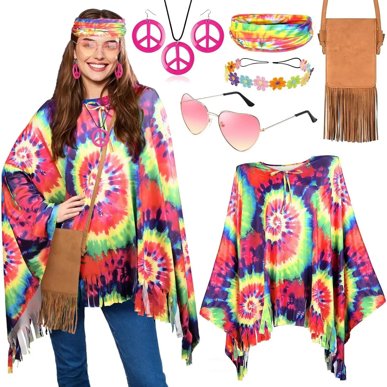 70s Hippie Costume for Women Accessories Set with Tie Dye Poncho, Fringe Bags, Flower Crowns, Headbands, Sunglasses, Peace Sign Necklace & Earrings, 60s Retro Halloween OutfitGift