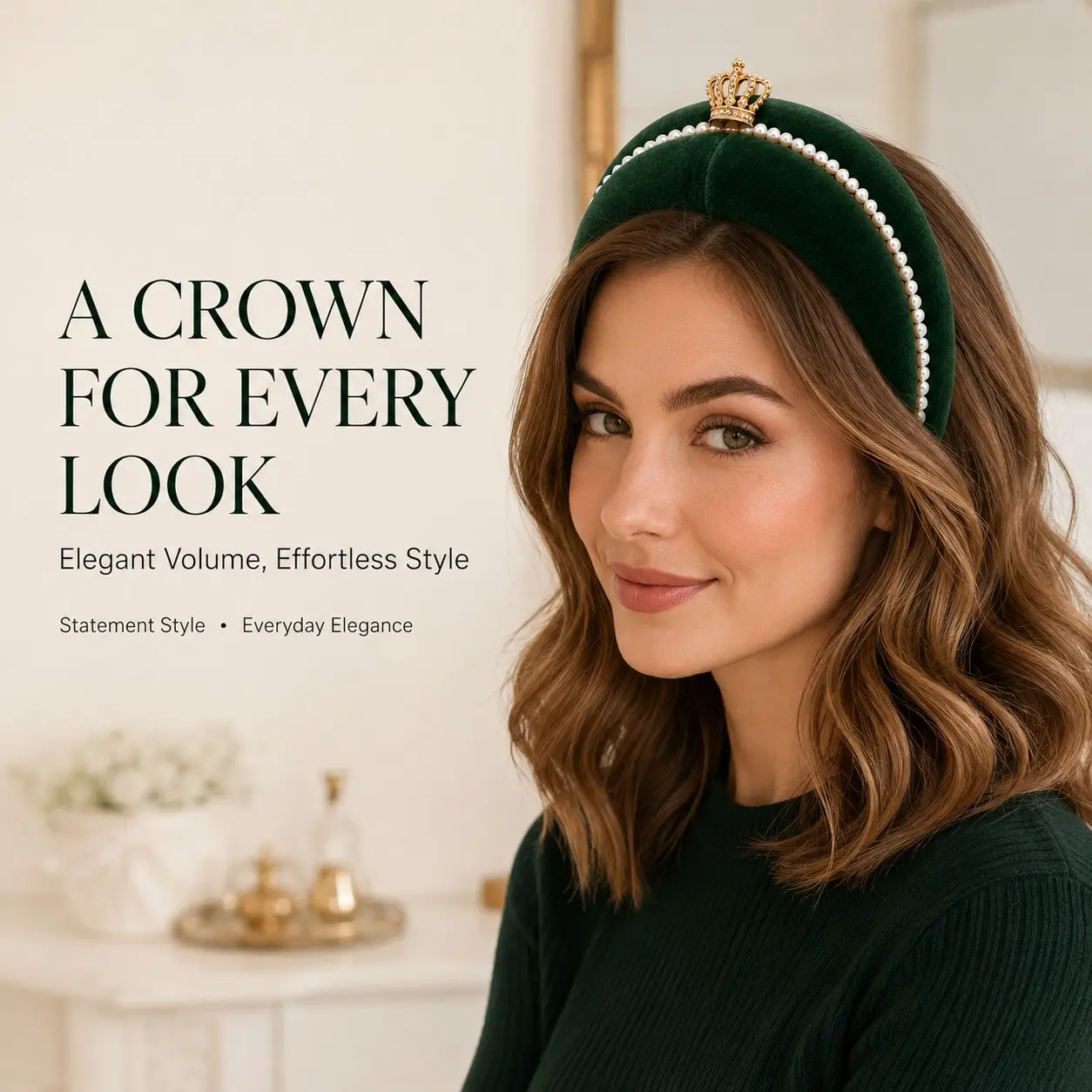 Forest Green Velvet Pearl Crown Headband for Women, Wide Padded Statement Hair Band, Elegant Holiday Party Hair Accessory, Christmas Gift