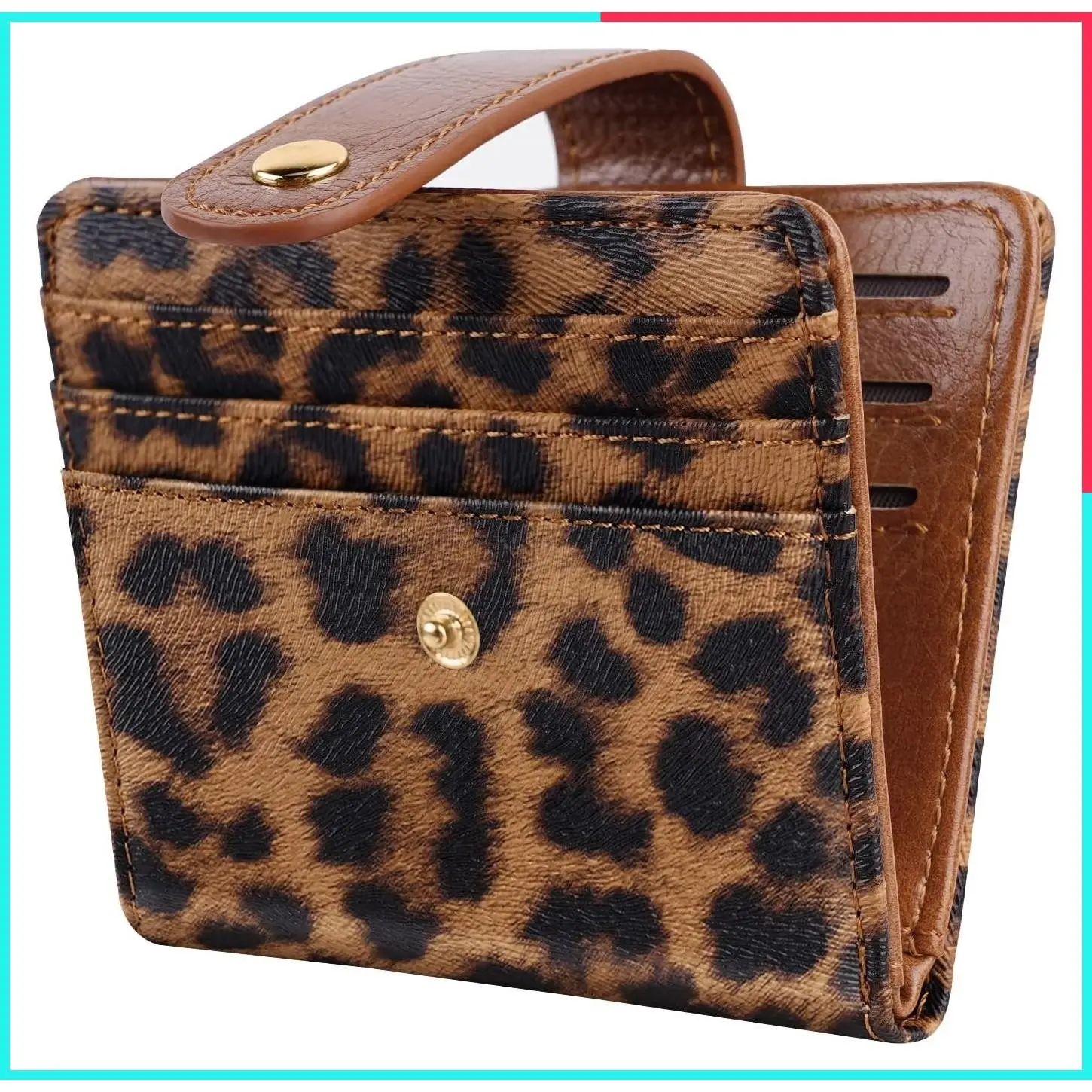 Slim Minimalist RFID Blocking Bifold Wallet for Women with Zipper Coin Pocket, Leopard Cheetah Print Vegan Leather Credit Card Holder, Compact Thin Purse