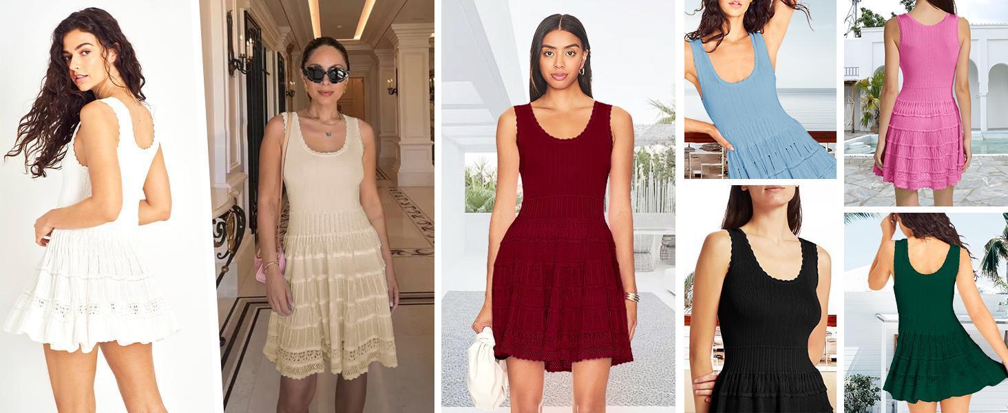 Fashare Womens Summer Mini Dresses Casual Crewneck Knitted Crochet Hem Flowy Tank Sundress  Sleeveless sundress prom dress