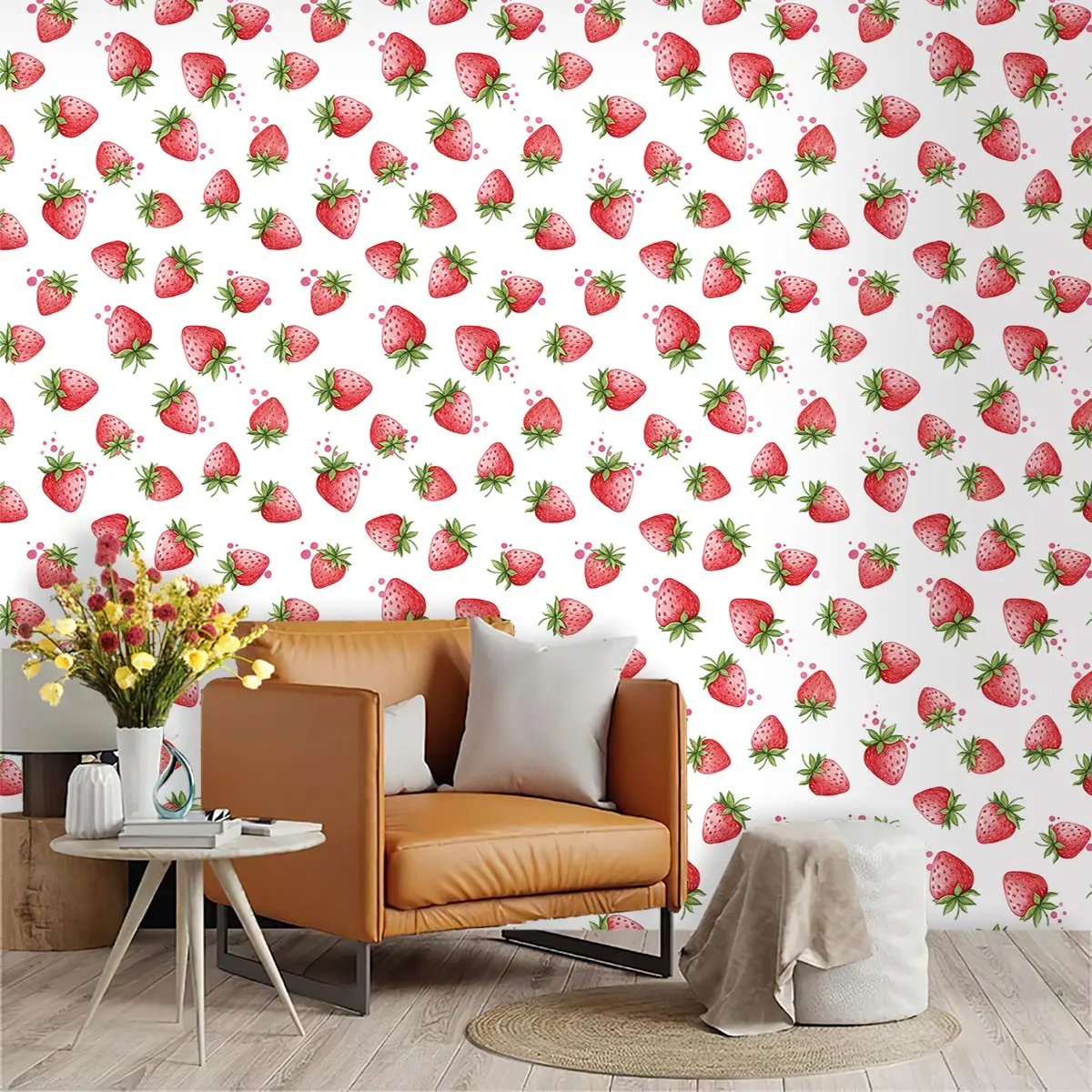 Watercolor Hand-Drawn Strawberry Wallpaper, PVC Material, Mould-Proof, Easy Peel-And-Stick, Ideal for Kitchen/living Room/bedroom Decor