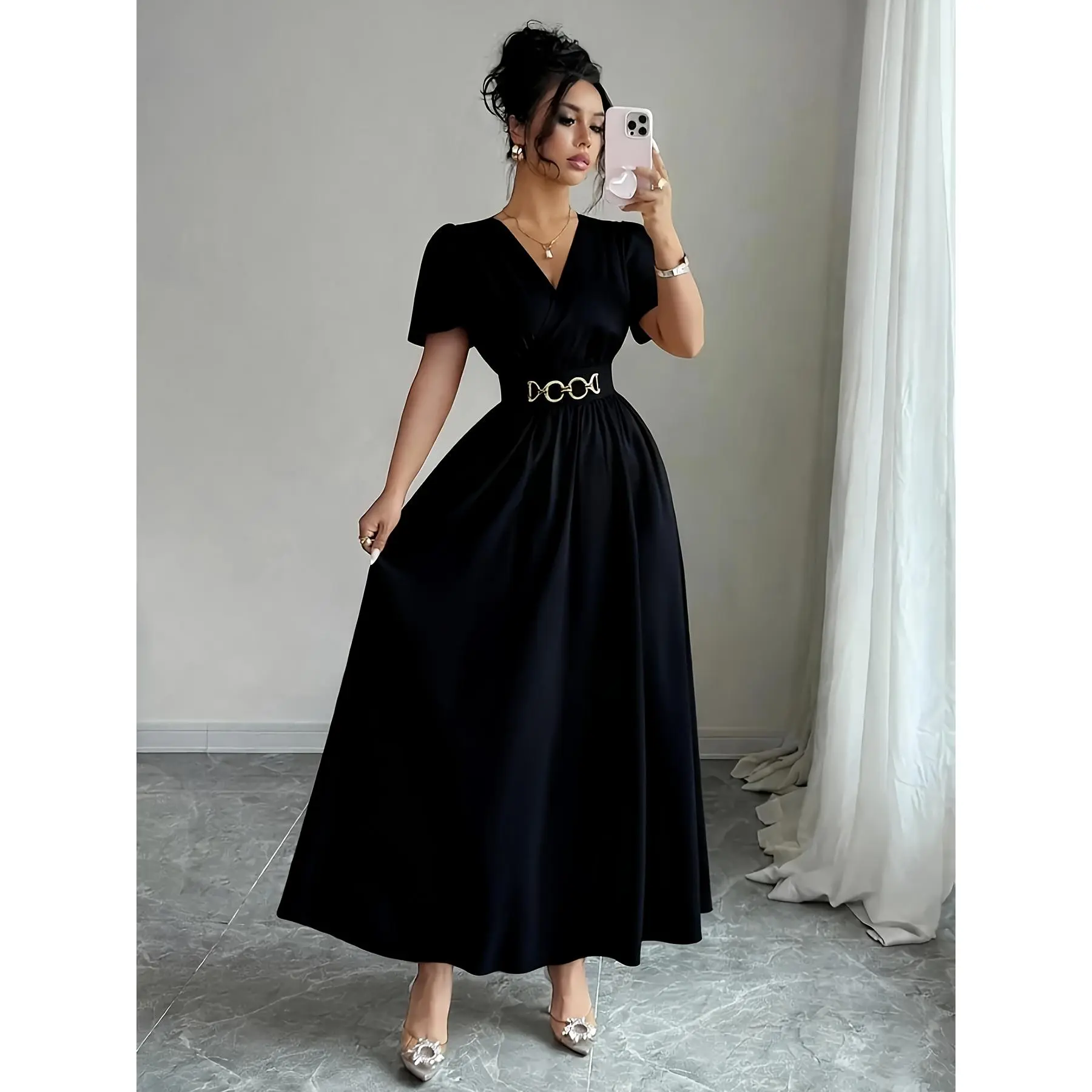 Spring/Summer Collection, Women's Woven Solid Color Short Sleeve Dress, Decorated with Metal Accessories at the Waist, Gathered Waist Design, Fashionable Dress for Valentine's Day, Ramadan, Parties and Gatherings, Back-to-School Season, Graduation Season,